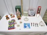 Christmas Lot: Ornaments, Large Tower Clock Figurine, Silver Plate Cake Knife,
