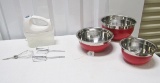 Hamilton Beach Hand Mixer W/ Accessories And 3 Stainless Mixing Bowls