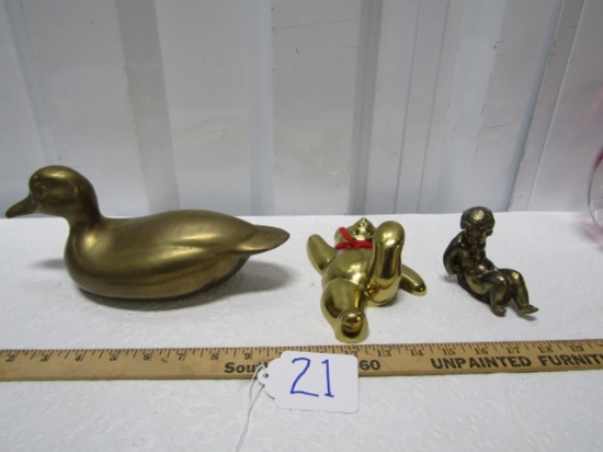 Vtg Brass Lot: Heavy Brass Duck, Teddy Bear Wall Hanging And Small Boy