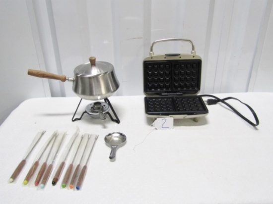 Vtg Made In Japan Fondue Set W/ 8 Forks And A General Electric Waffle Maker