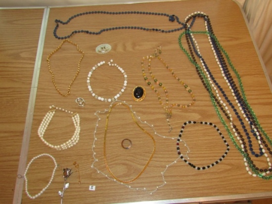 Costume Jewelry Lot: Necklaces, Ring, Pins And Brooch
