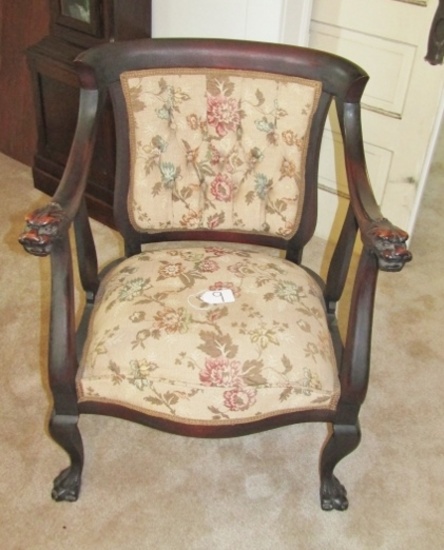 Antique Mahogany Men's Parlor Chair W/ Lions Head Arms And Claw Feet  (LOCAL PICK UP ONLY)