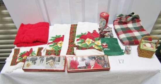 Christmas Towels, Tins, Tablecloth And Basket Purse