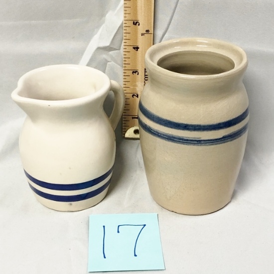 Small Blue Stripe Crock And R R P Pitcher