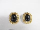 Vtg Christian Dior Gold Tone Earrings W/ Black Stones