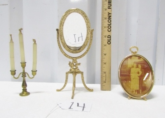 Vtg Miniature Brass Mirror, Candelabra And Picture Frame W/ Picture