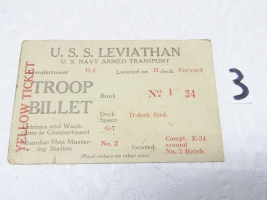 Antique World War I U. S. S. Leviathan U. S. Navy Armed Transport Troop Billet