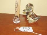 2 Glass Paperweights: Duck And A Chick