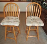 2 Solid Wood Swivel Seat Bar Stools W/ Cushions (Local Pick Up Only)