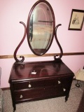 Vtg Mahogany Low Boy Dresser W/ Mirror And Crystal Pull Handles (Local Pick Up Only)