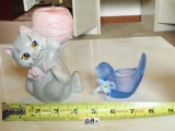 Vtg Ceramic Kitten Candleholder And A Glass Bird Candleholder