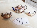 Vtg Minatue Porcelain Teapot, Sugar Bowl And Creamer By Royal Crown