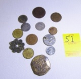 4 Vtg Tokens, 2 Vtg Novelty Coins, 2 Foreign Coins, 2 Liberty Nickels, Steel Penny,