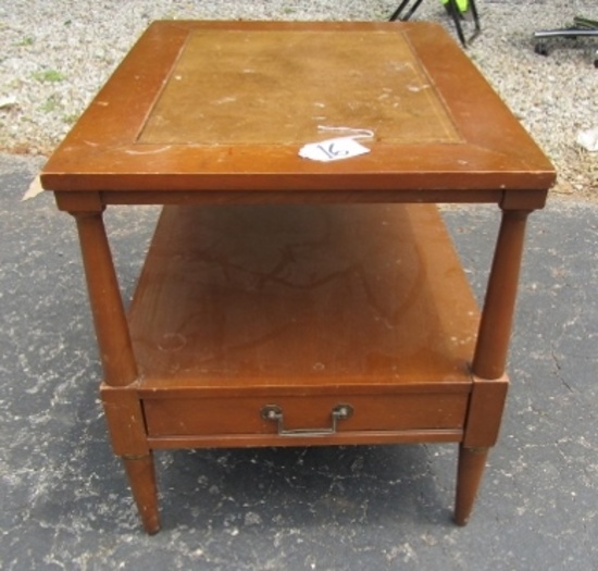 Vtg Solid Wood End Table W/ Leather Inlay  (NO SHIPPING)