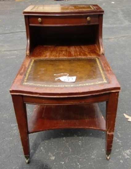Vtg Solid Wood 2 Tier End Table W/ Leather Inlay On Rollers  (NO SHIPPING)