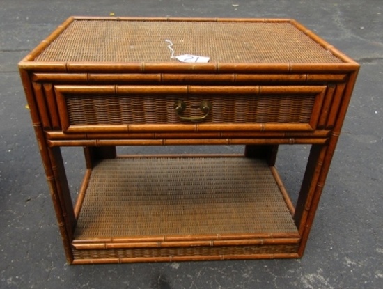 Nice Bamboo Wood And Wicker End Table W/ Drawer  (NO SHIPPING)