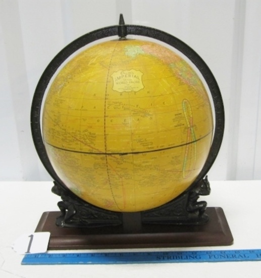 Vtg Cram's Imperial 12" World Globe W/ Metal Atlas On Wood Base