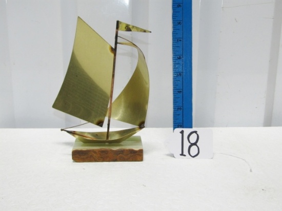 Brass Sailboat On Marble Base W/ " Footprints " Poem On Back Of Sail