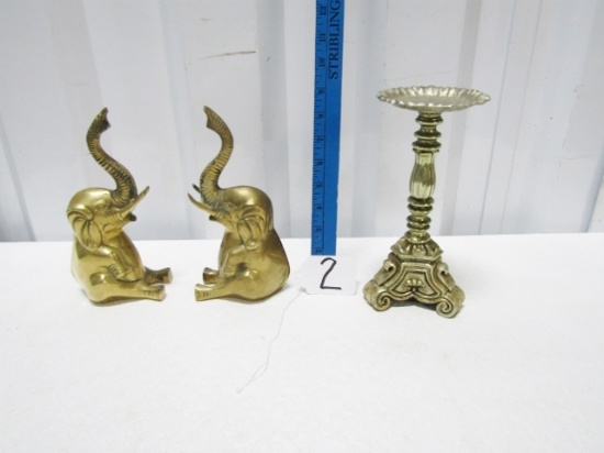 Vtg Solid Brass Elephant Bookends And Solid Brass Rubel Pillar Candle Holder