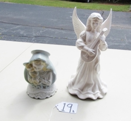 Bisque Porcelain Madonna W/ Child And A Ceramic Angel Candleholder