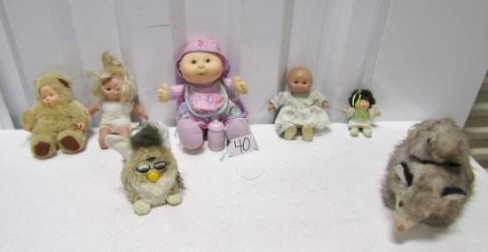 Vtg Dolls, A Furby And A Possum Pillow Pet W/ Baby Possum On Back