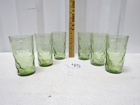 Set Of 6 Vtg Green Glass Tea Glasses