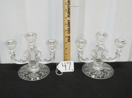 Set Of 2 Cambridge 3 Candle Crystal Etched Candelabra Candle Holders