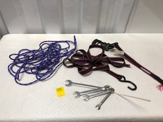 Tool Lot: Husky Tie Down, Rope And Set Of 4 Wrenches