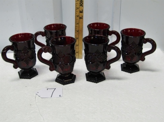 Set Of 6 1876 Cape Cod Ruby Red Pedestal Mugs By Avon