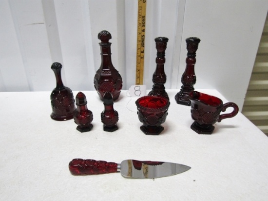 Vtg 1876 Cape Cod Rubybred Glass Decanter, 2 Candlesticks, Bell, Creamer,