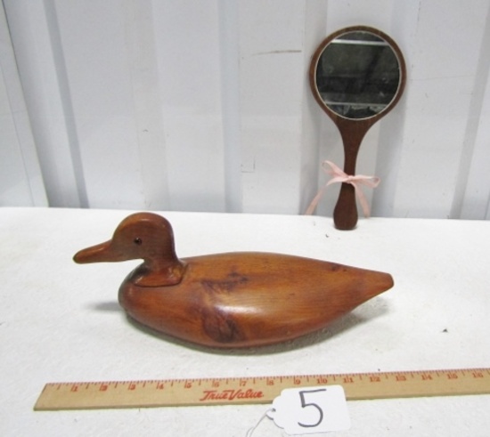 Vtg And Signed Carved Duck Decoy And A Wooden Mirror