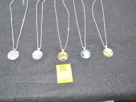 5 Necklaces W/ Bubble Front Picture Pendants