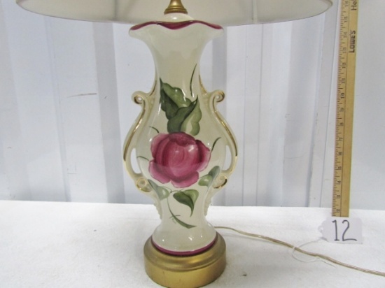 Beautiful Porcelain Table Lamp W/ Floral Artwork Signed Ross