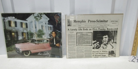 Metal Sign Of Elvis Presley And His Pink Cadillac And A Copy Of The Memphis Press