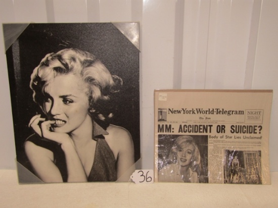 Marilyn Monroe Print On Canvas And New York Newspaper Copy Concerning Her