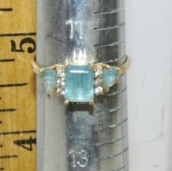 14 K Gold Ladies W/ 3 Blue Topaz Gemstones And 6 Small Diamonds