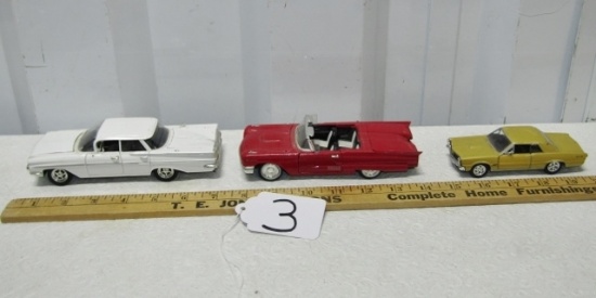 3 Metal Die Cast Cars: 1959 Chevy, 1958 Thunderbird And 1965 G T O