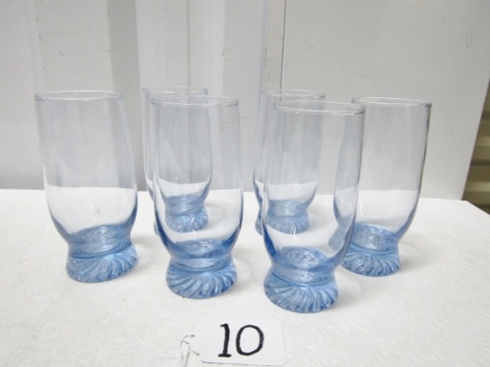 Set Of 6 Blue Glass Swirl Bottom Tea Glasses