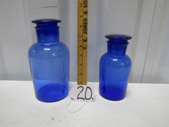 2 Blown Blue Glass Caraffes W/ Lids