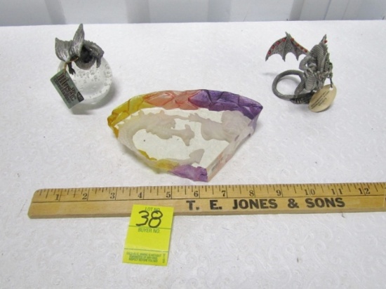 Dragon Lot: Pewter Dragon On Crystal Ball; Pewter Dragon And Stand With