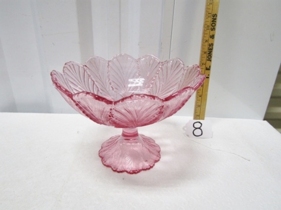 Large Vtg Cranberry Glass Compote W/ Embossed Leaf Designs All Around