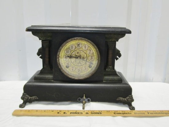Antique Wood W/ Brass Trimmings Sessions Mantle Clock W/ Lion's Head On Each Side