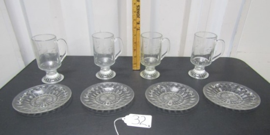 4 Etched Glass Pedestal Glass Mugs And 4 Snack Plates