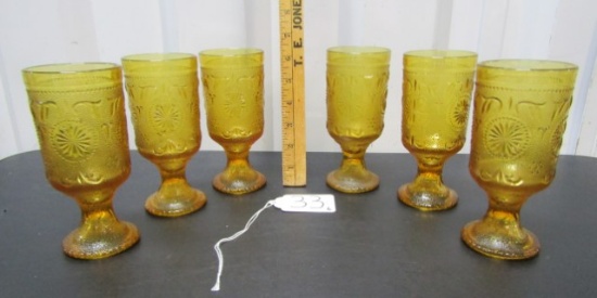 Set Of 6 Vtg Gold Colored Embossed Pedestal Glasses