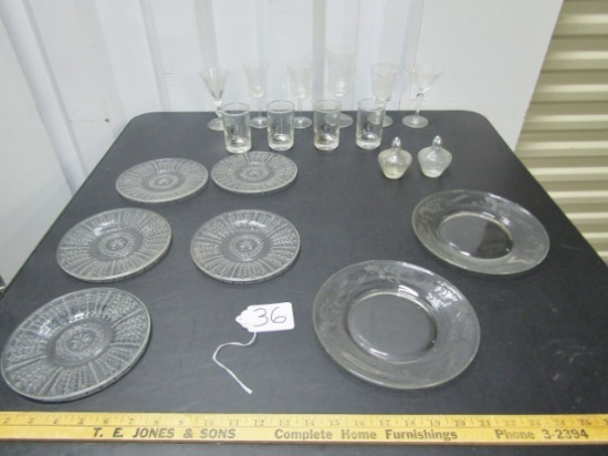 Lot Of Etched Crystal Glasses; Juice Glasses, Salt And Pepper Shakers And Snack Plates