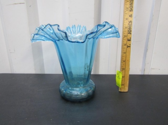 Vtg Blue Glass W/ Ruffled Rim Vase