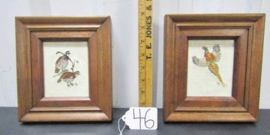 Framed Cross Stitch Embroidery Of 2 Quail And A Pheasant