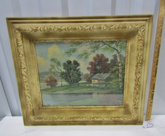 Vtg Country Print In A Beautiful Vtg Carved Solid Wood Frame