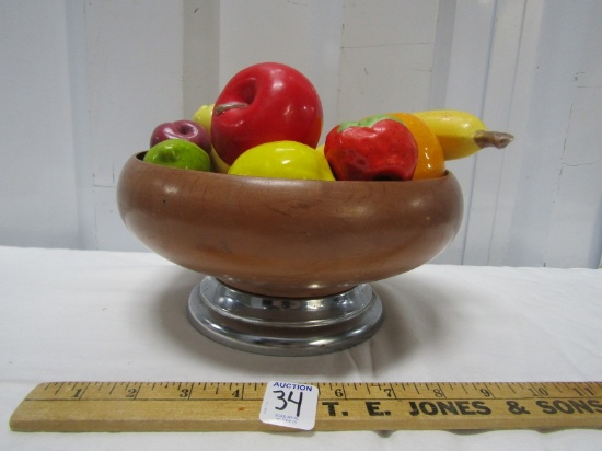 Vtg Ceramic Fruit And Berries In A Wooden Bowl W/ Silver Plated Base