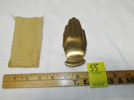Vtg 1940s Volupte Figural Golden Gesture Hands Compact W/ Storage Bag